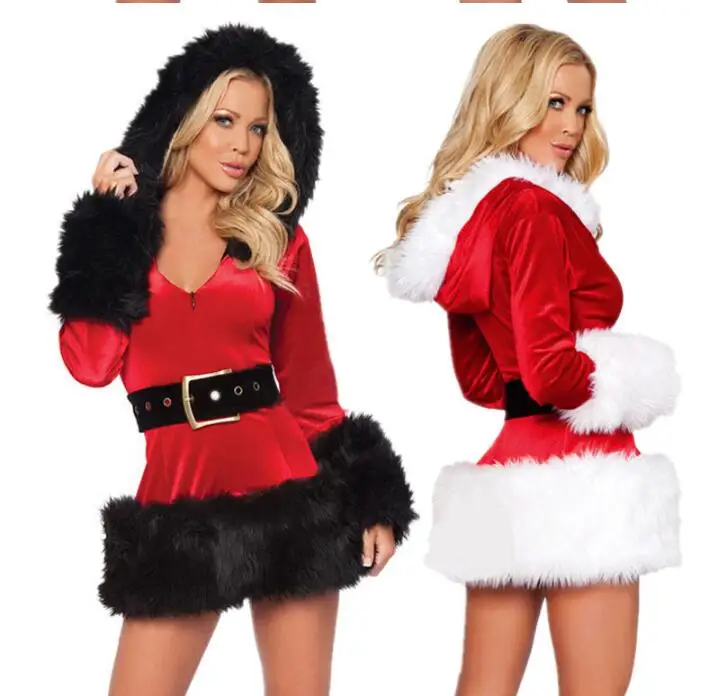 

2017 Red Winter New Year Hooded Santa Claus Xmas Dress Women Slim Fitting Long Sleeve Party Sexy Unique Ugly Christmas Costume