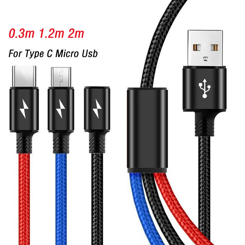 

3 In 1 Usb Cable For Mobile Phone Usb Type C Charging Cable Cord For Samsung S10 Note 8 Power Bank Mikro Usb Cablo Cavo 200cm