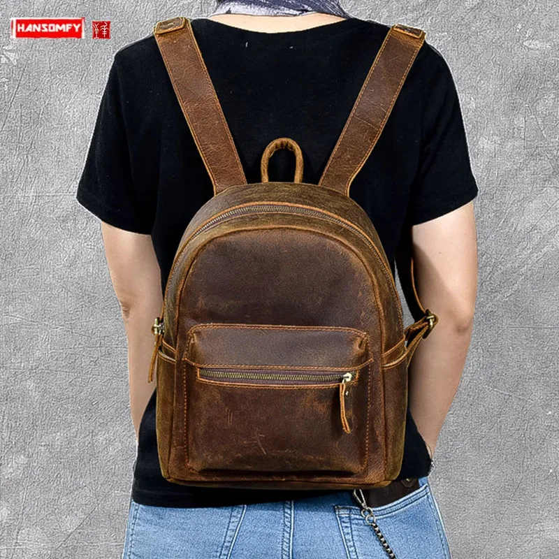

Retro Crazy horse leather women backpack shoulder bag handmade brown genuine leather female small school travel backpacks