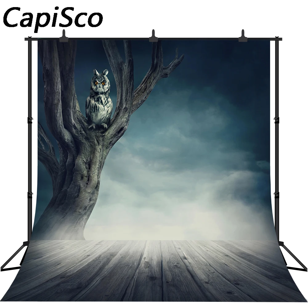 

Capisco Halloween Backdrop Tree Night Owl Gloomy Cloudy Sky Wood floor Photography Background Photo Studio Prop party Banner