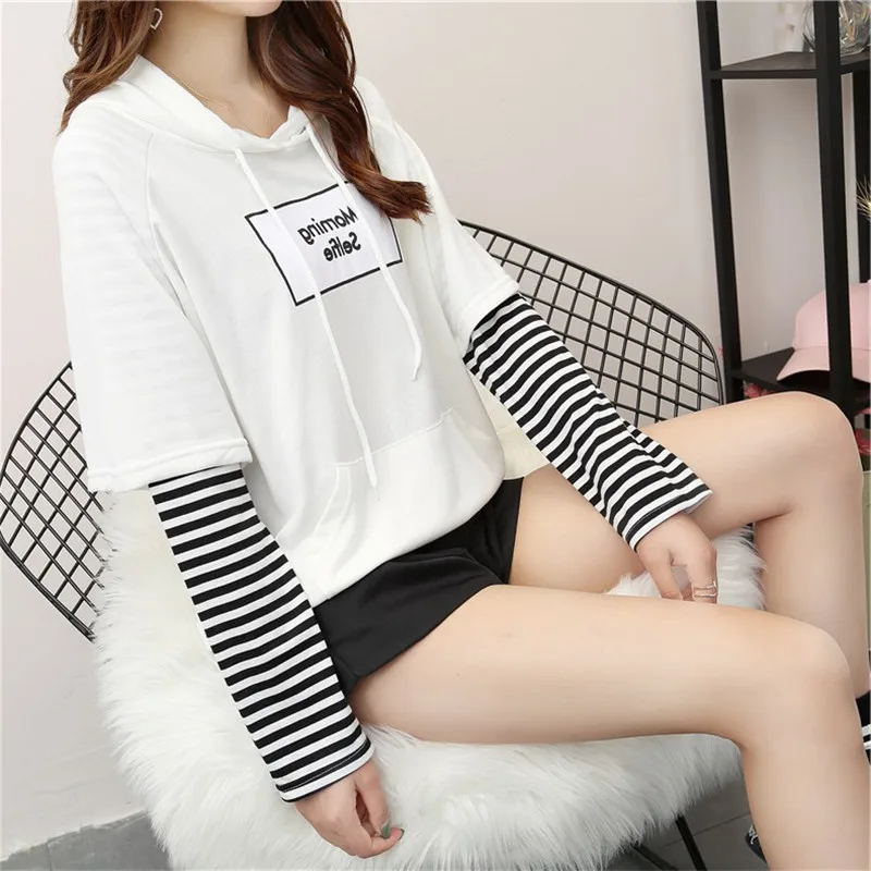  MERRY PRETTY Fake two Pieces Striped Patchwork Hoodies Sweatshirts Autumn Winter Women Letter Print