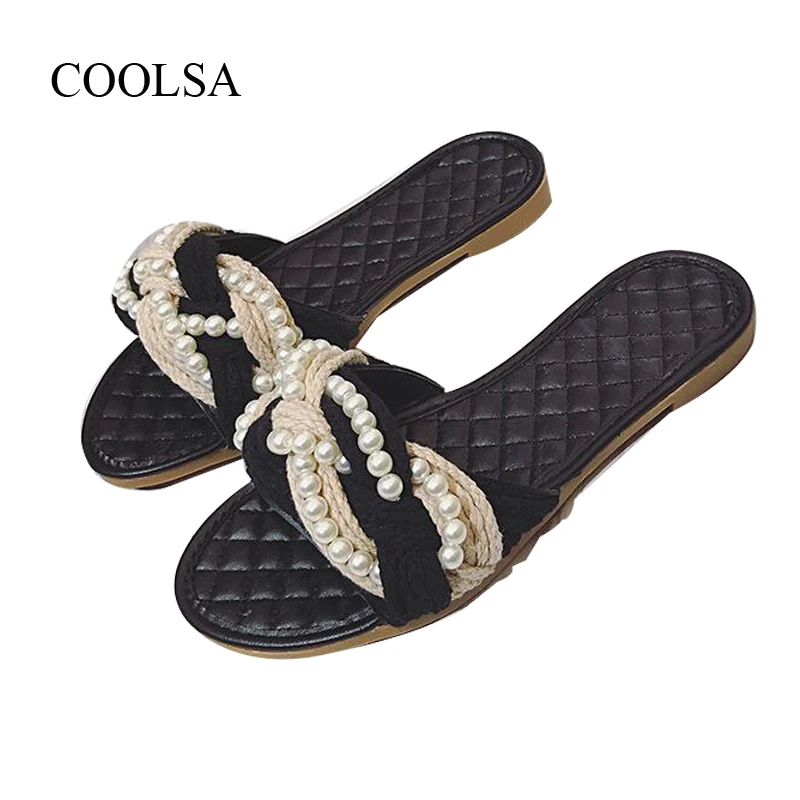 

COOLSA New Ladies Pearl Hemp Rope Braided Flat Slippers Women's Trend Simple Slippers Light Luxury Pearl Slippers Drop Shipping