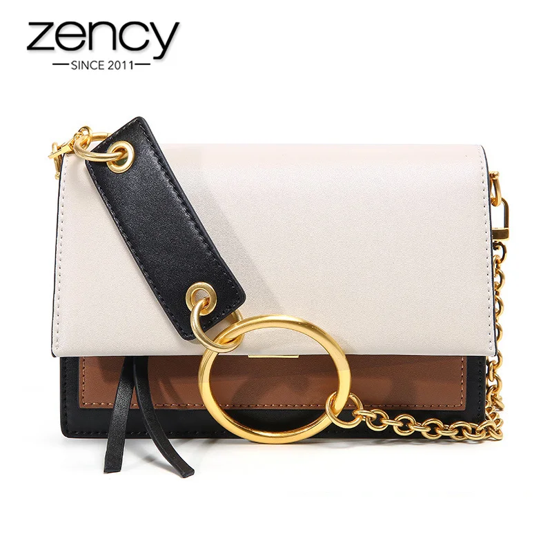 

Zency New Style Panelled Colors Women Shoulder Bag 100% Genuine Leather Retro Tote Handbag Simple Ring Messenger Beige Grey