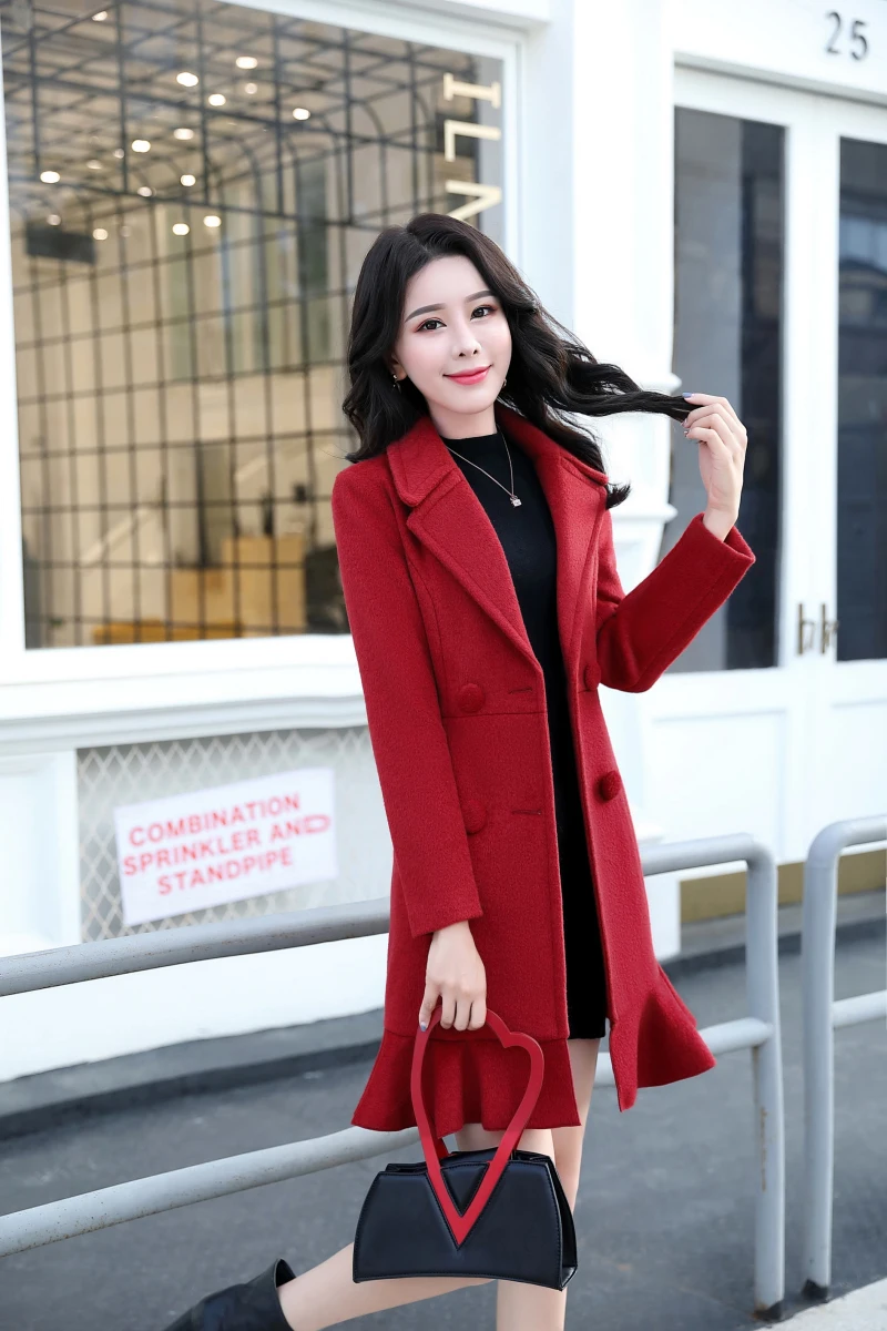 Шерстяное пальто для женщин пальто Осень Зима Новое поступление однотонное розовое синее красное простое пальто с длинным рукавом пальто с оборками