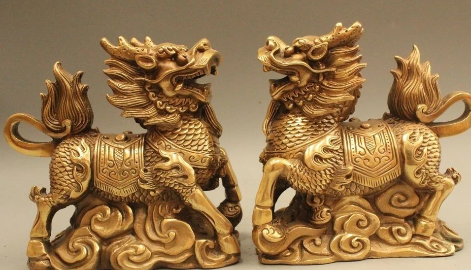

6" Folk Feng Shui Brass Lucky Wealth Fu Dragon Kylin Statue Sculpture Pair