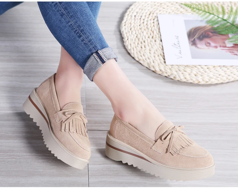 O16U Spring Women Flat Platform Shoes Suede Leather Tassel Loafers Slip on Casual Shoes Women Moccasins Ladies Creepers
