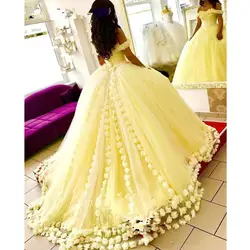 Желтое бальное платье сладкий 16 Пышное 3D цветочный цветы с плеча большой размер, принцесса тюль маскарадное для выпускного вечера платья 2019