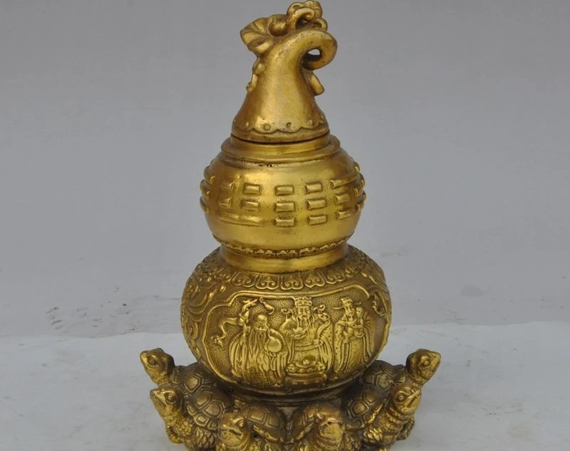 Китай Латунь черепаха 3 Долголетие Бог Фу Лу Шоу Статуя тыква Статуя jar Бутылки