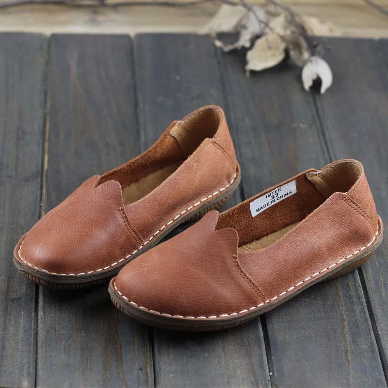 

Spring and summer round head shallow mouth flat with single toe leather retro handmade leather shoes