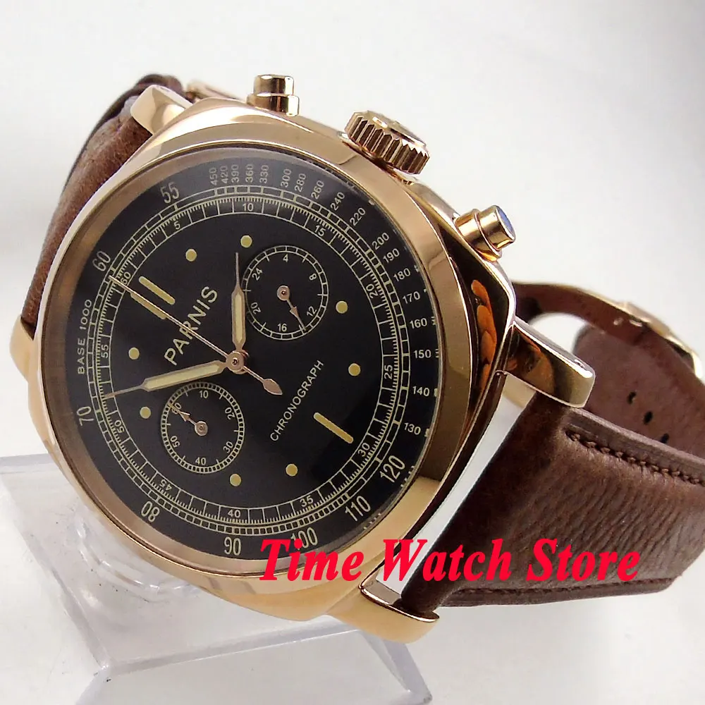 

Solid Parnis men's watch 44mm Golden case deployant clasp black dial Full chronograph quartz movement wrist watch men 676