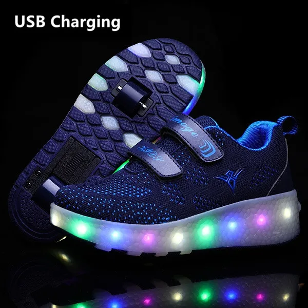 Eur28-43 два кроссовки с колесиками usb зарядка светящийся светодиодный осветительный прибор вверх Heelies колеса для роликовых коньков обувь для мальчиков и тапочки для девочек - Цвет: 159 Deep blue