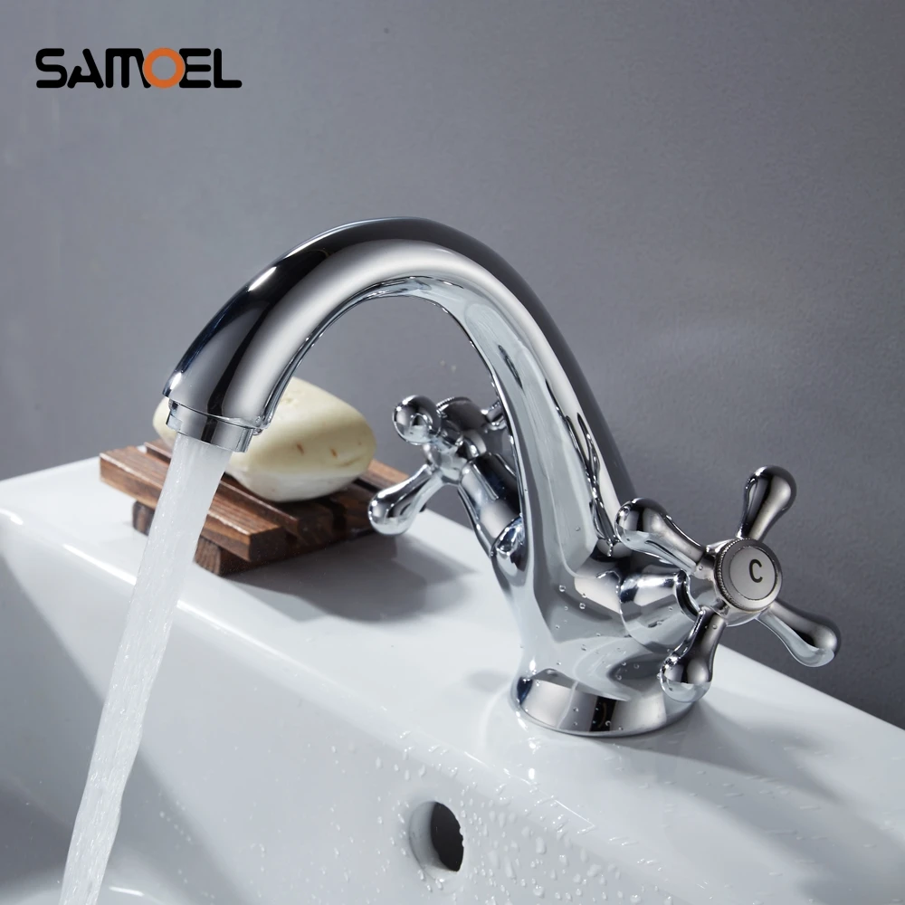 1set High Quality Basin sink Faucet Chrome Plating Double Handle Cold Hot Water Mixer Retro Style Solid Brass body PL8005 | Обустройство