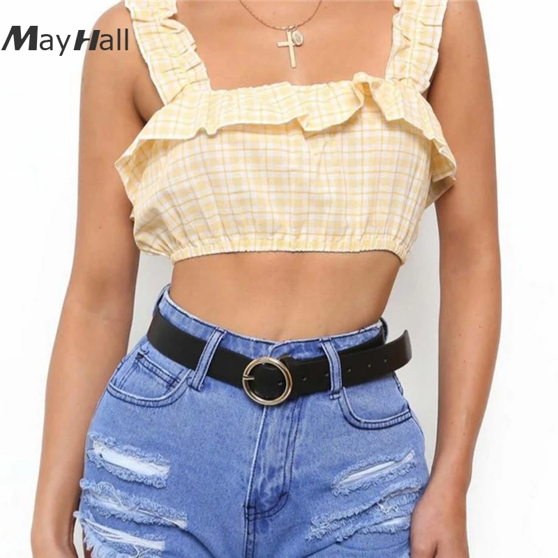 

MayHall Ruched Summer 2018 Plaid Crop Top Cute Sweet Women Ruffle Tank Top Lettuce Edge Top Elastic Camis Cropped Feminino MH042