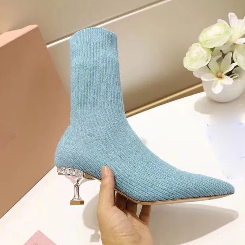 Mode Bout pu Red Bottes Laine Cheville 2018 Chaussette Talon Femme Pointu Étrange black pourpre rosy Beige gris Strass Ciel Cristal cKJl1FT