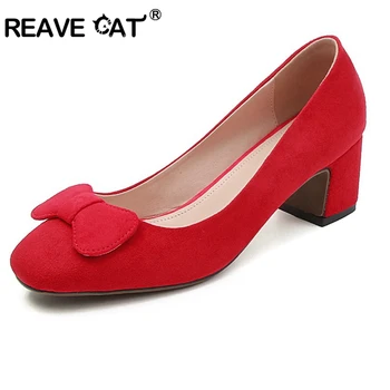 

REAVE CAT 2019 New Spring summer shoes Woman pumps Round toe Butterfly-knot Flock Casual boat shoes Solid Cute Plus size A1646