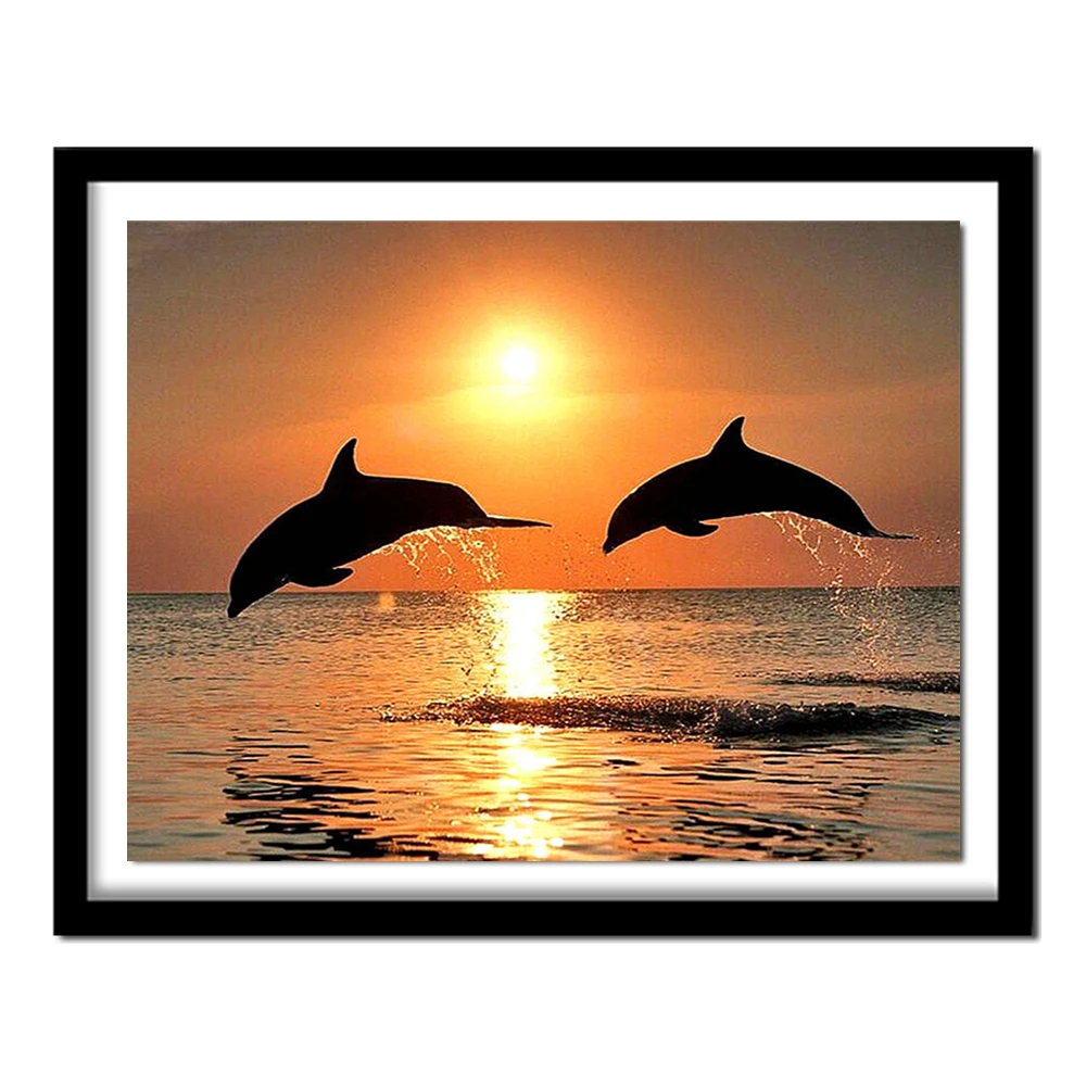 Nuova Pittura Diamante 5D Fai Da Te Ricamo Delfino Diamante Quadrato Pieno Punto Croce Tramonto Acqua Delfino Pittura Strass