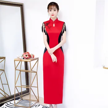 

Print Phoenix Tassel Sleeve Cheongsam Over Size 3XL Red Chinese Style Women Satin Qipao Vintage Novelty Tight Classic Vestidos