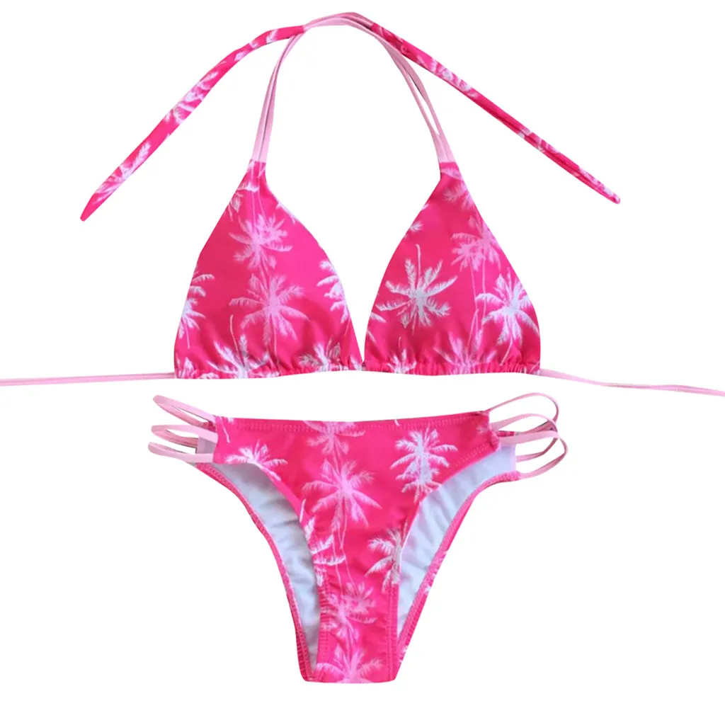 Женский цветочный принт, сексуальный бикини, набор, для плавания, из двух частей, купальники, для пляжа, лето, висящий на шее, купальник, женский - Цвет: Pink