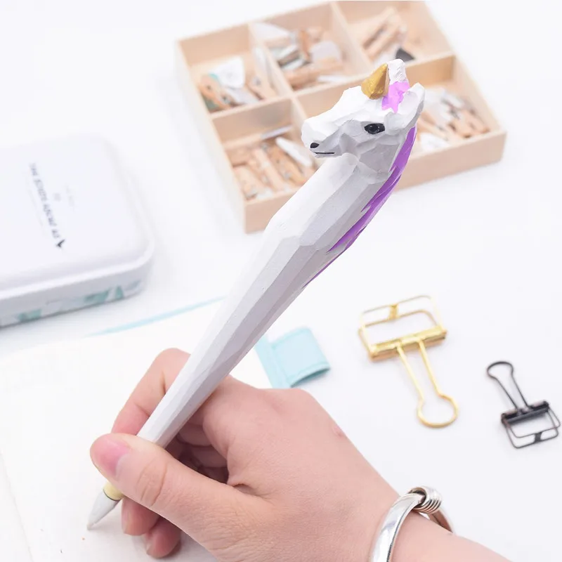 

5pcs Creative cartoon 3D hand made Carving wood unicorn and Flamingos Pens Statues Wooden crafts shcool writing Gift