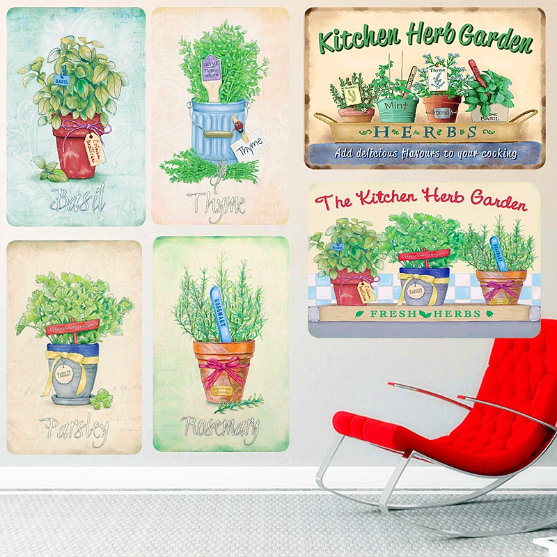 

Art Plaque Basil Thyme Parsley Vanilla Garden Retro Metal Tin Sign Kitchen Home Outdoor Decorative Board