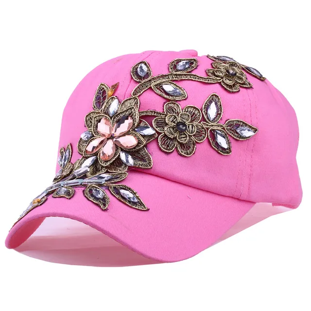 CRUOXIBB New Women's Baseball Cap Full Crystal Flower Denim Bling