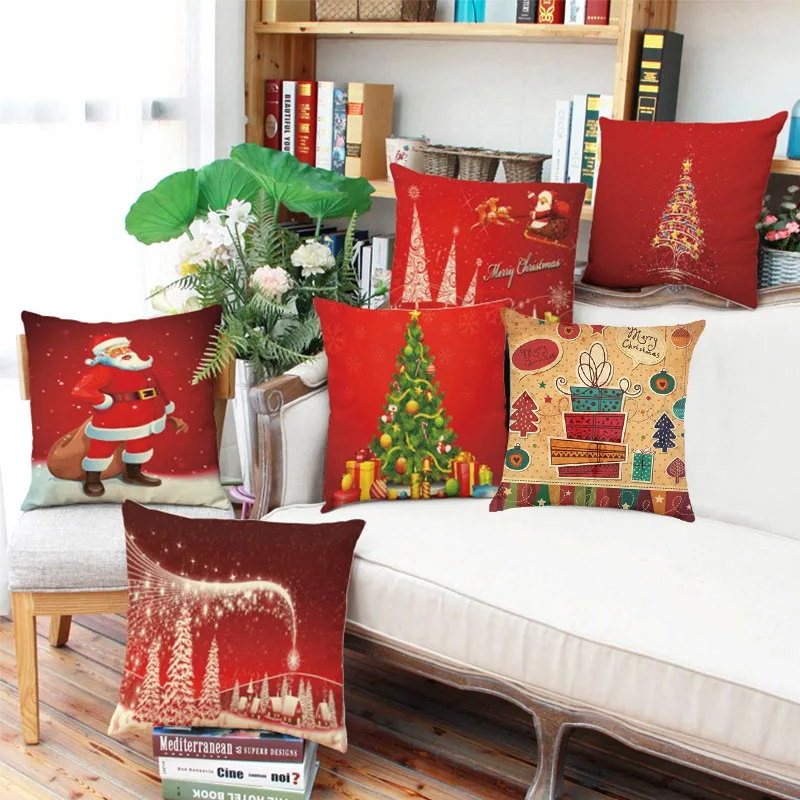 

Fashion 1PC New 4545cm Red Linen Pillow Case Christmas Tree Santa Elk Cover Decorative Home Event Accessories