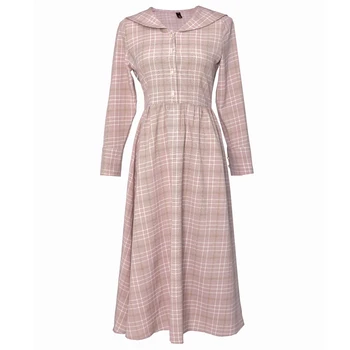 

Autumn/Winter French Vintage 50s60s Sweet Tens Girls Plaid Turn-down Collar Long Sleeve Dress Gentle Party Dress