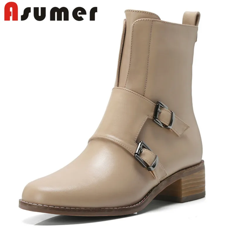 

ASUMER 2020 NEW buckle ankle boots for women thick heels simple winter boots adult commuting square toe genuine leather boots
