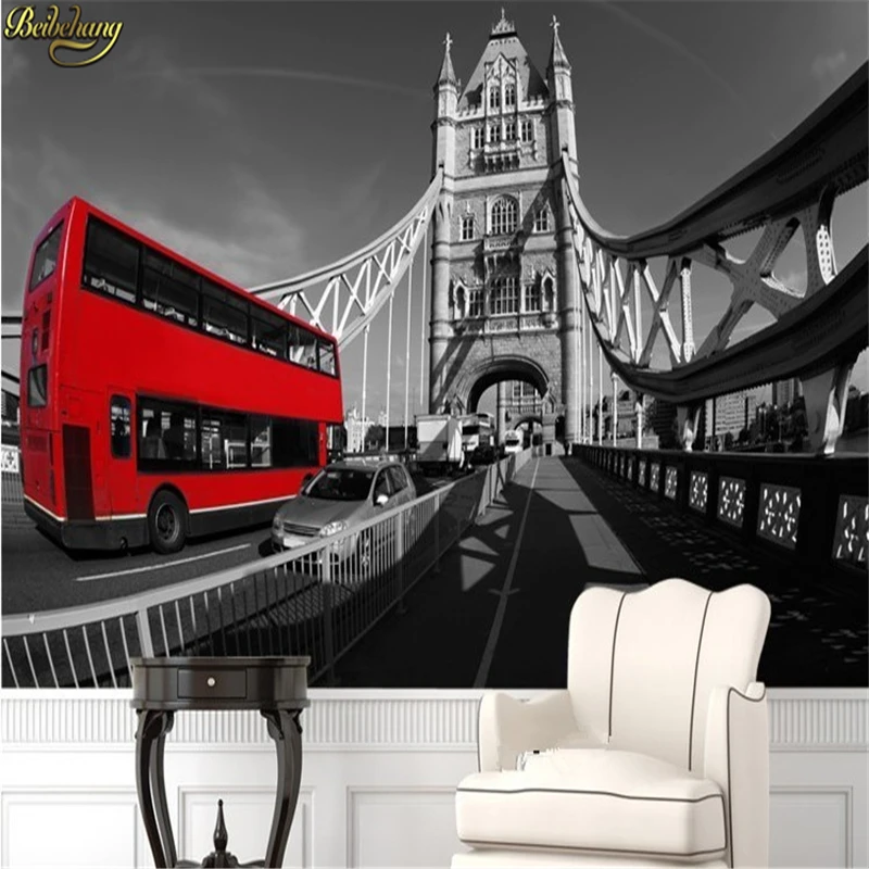 

beibehang European retro nostalgic black and white photographs of architectural art 3D Tower Bridge 3d mural wall paper