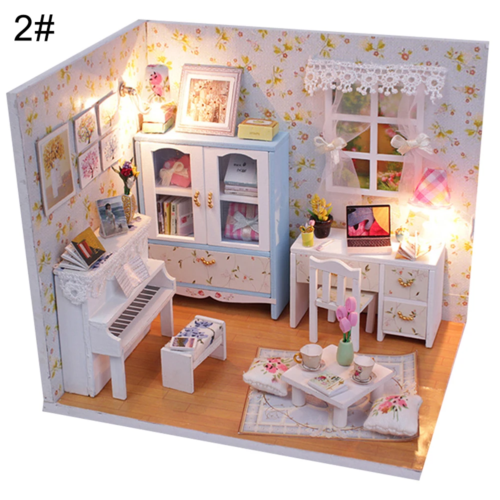 DIY Wooden Miniature Dollhouse Bedroom Doll House Furniture with LED Cover Girls Toys for Children Handmade toys Birthday Gifts