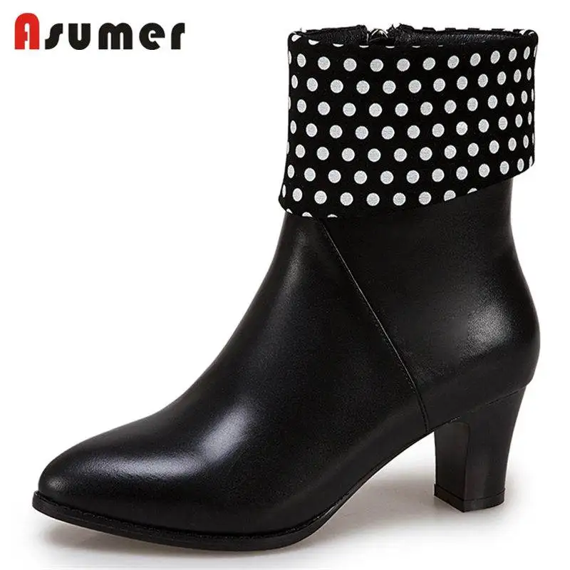 

ASUMER HOT 2018 fashion polka dot genuine leather boots thick high heels ankle boots women pointed toe zipper autumn boots