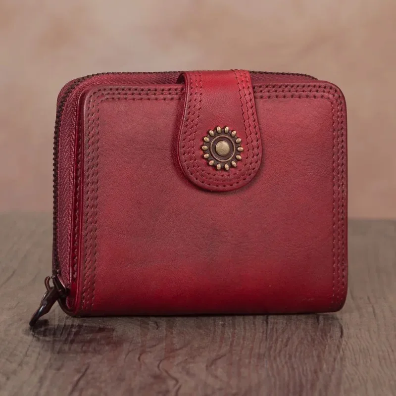 

Vintage Hand Painted Genuine Leather Women's Short Clutch Wallet Natural Retro Cow Skin Lady Coin Pocket Female Small Card Purse