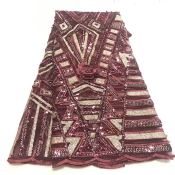 

French Net Lace Fabric 2019 Latest African Beads Lace Fabric With Embroidery Mesh Tulle Wine Color Sequins Lace Fabric