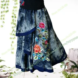 2019 primavera outono nacional do vintage casual assimétrico bordado grande flor jeans feminino mulher/feminino saia jeans