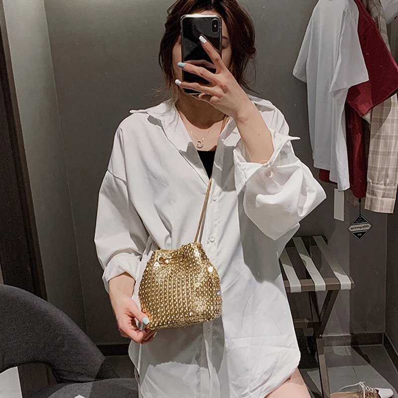 SEKUSA Sequined Women Day Clutches Diamonds Hollot out Chain Shoulder Handbags Silver Black Gold Soft Evening Bags