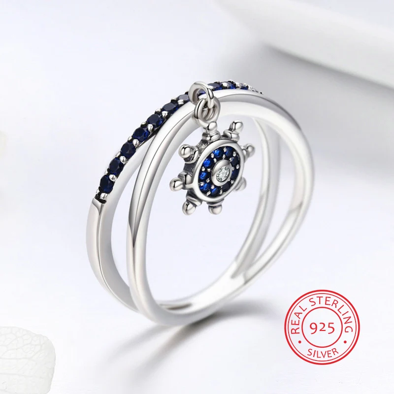 

Unique Anchor 925 Sterling Silver Rings for Women High Quality with Blue CZ Silver Jewelry Bridal Rings for Wedding Size 6 7 8