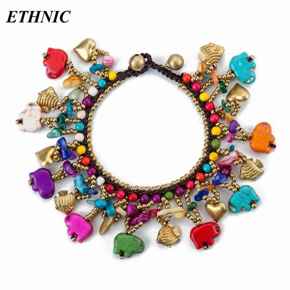 

ETHNIC Brand 2018 Boho Colorful Elephant Shape Stone Beads Charm Bracelets for Women Fashion A Bracelet Gold-color Beaded Chain