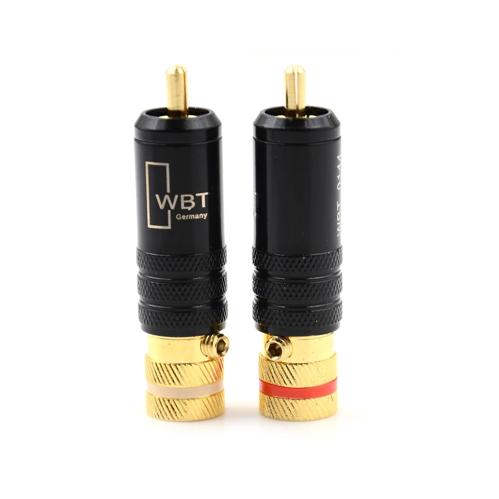 2pcs Gold Plated Copper RCA Plug Durable RCA Connector Screws Soldering Locking Audio Video WBT Plug Red+ White 53mm*13mm