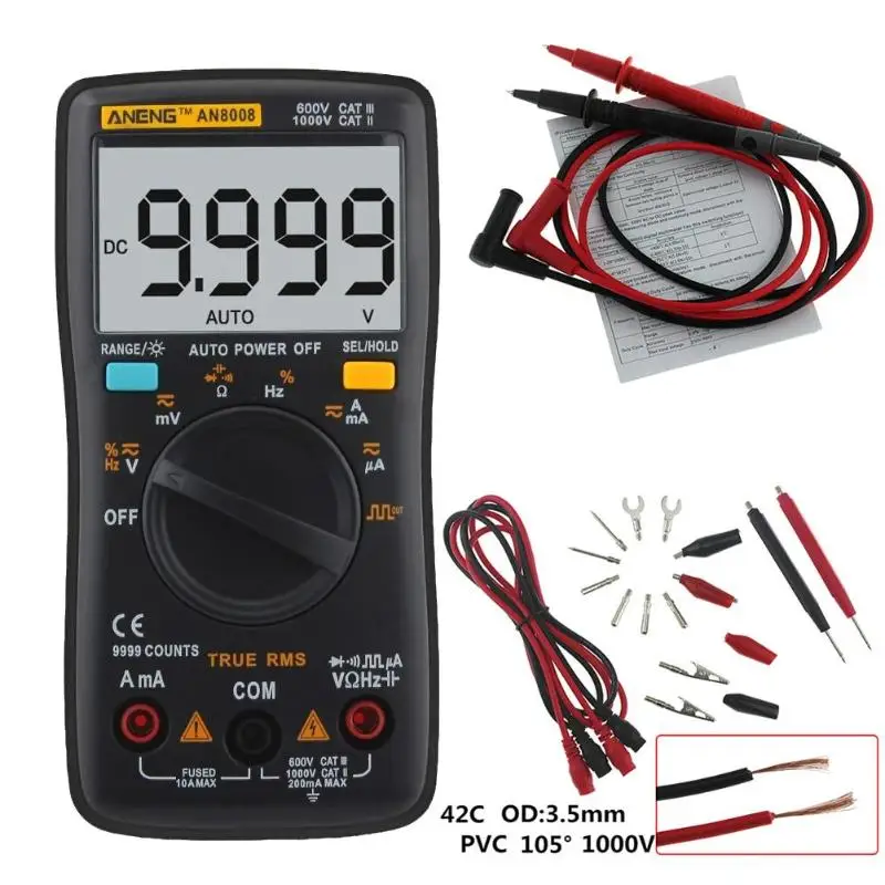 

AN8008 AN8009 Auto Range Digital Multimeter 9999 counts With Backlight AC/DC Ammeter Voltmeter Ohm Transistor Tester multi meter
