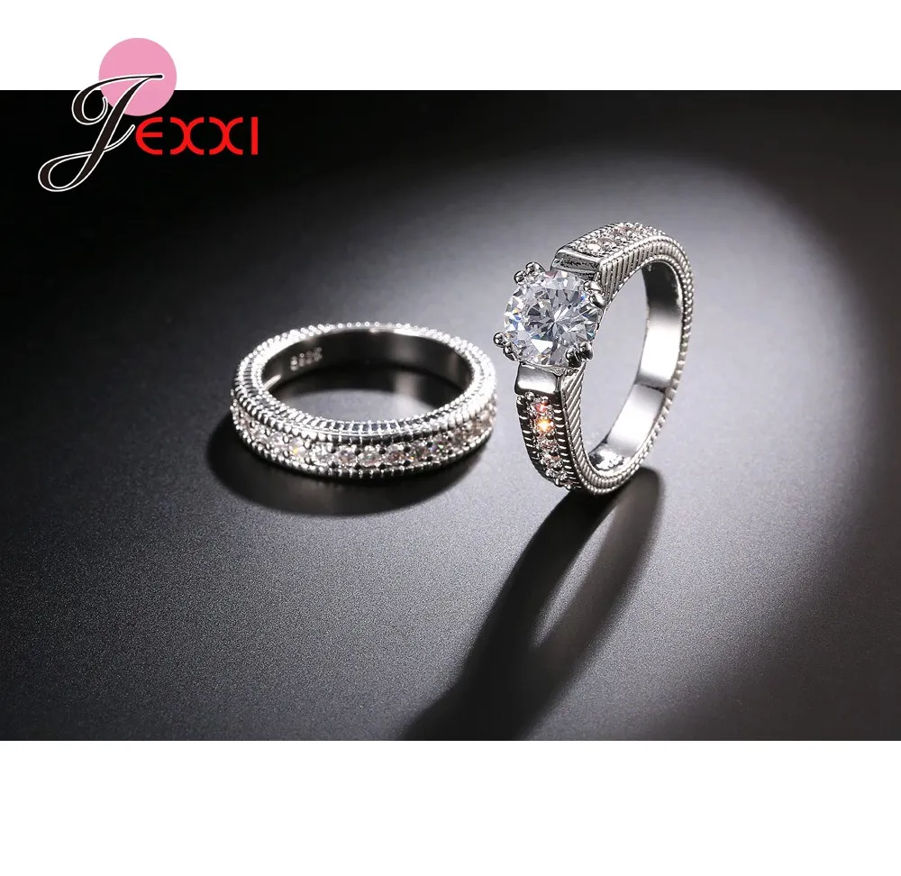 Романтические кольца для пар, 2 шт., набор, лучшее качество, 925 пробы, серебро, штамп, кубический цирконий, женские обручальные кольца, свадебные ювелирные изделия