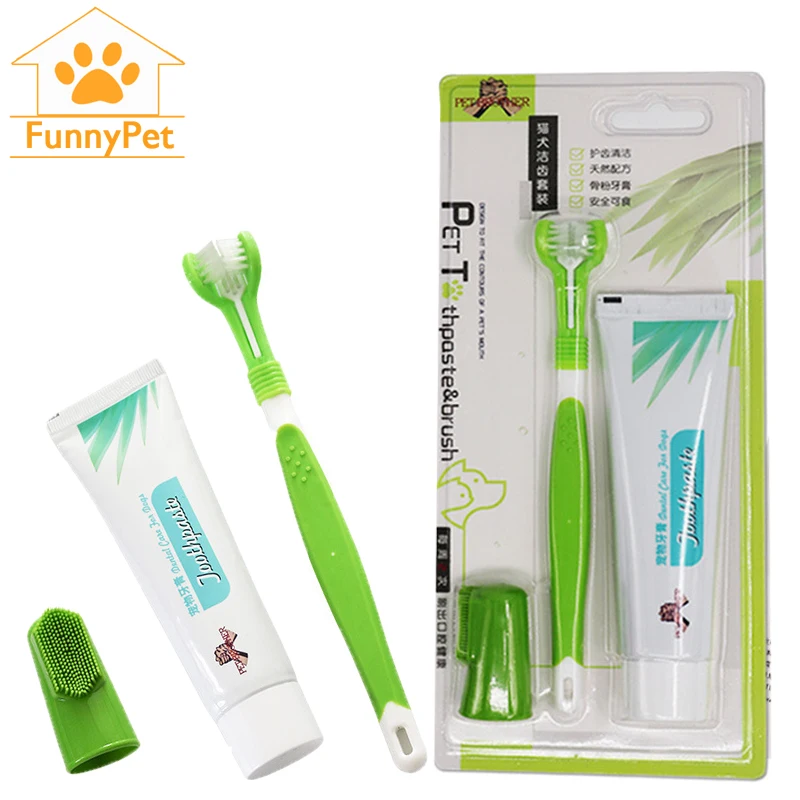 

Dog Toothpaste and Toothbrush Set Hot Puppy Teeth Brush Three Head Tartar Oral Care Tool Finger Back Up Brush Set