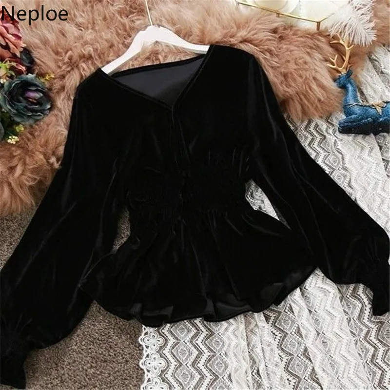 Neploe женские блузки с v-образным вырезом и оборками, топы с длинным рукавом, женская рубашка, однотонная Корейская одежда, элегантные блузы с рукавом-фонариком 38327