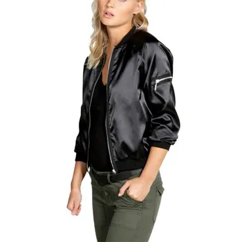 

2018 New Arrival Autumn Satin Bomber Stand Collar Coats Zipper Long Sleeve Casacos baseball Outwear