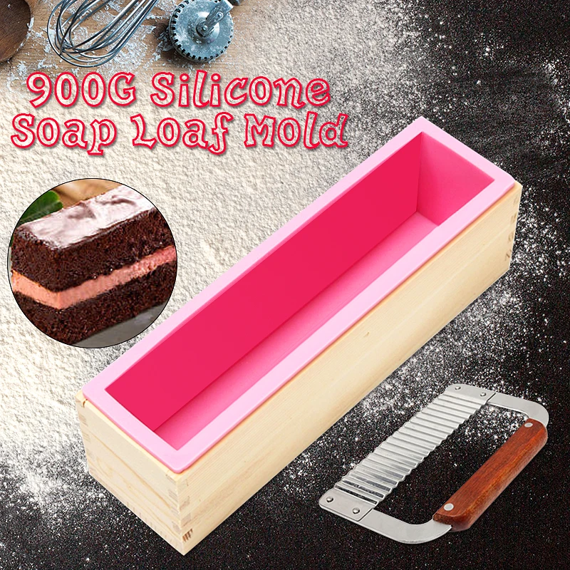 Rectangular Wooden Soap Mold with Silicone Liner and Soap Cutter Loaf