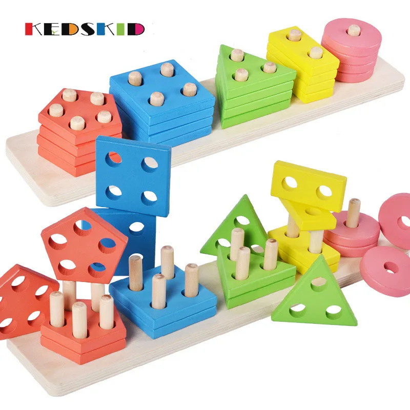 

Wooden toys colorful wisdom disk sets of columns geometric shapes building blocks educational toys free shipping