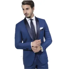 Новое поступление, свадебные костюмы жениха, шаль, воротник на одной пуговице, мужские формальные костюмы темно-синий мужской костюм(пиджак+ брюки+ галстук