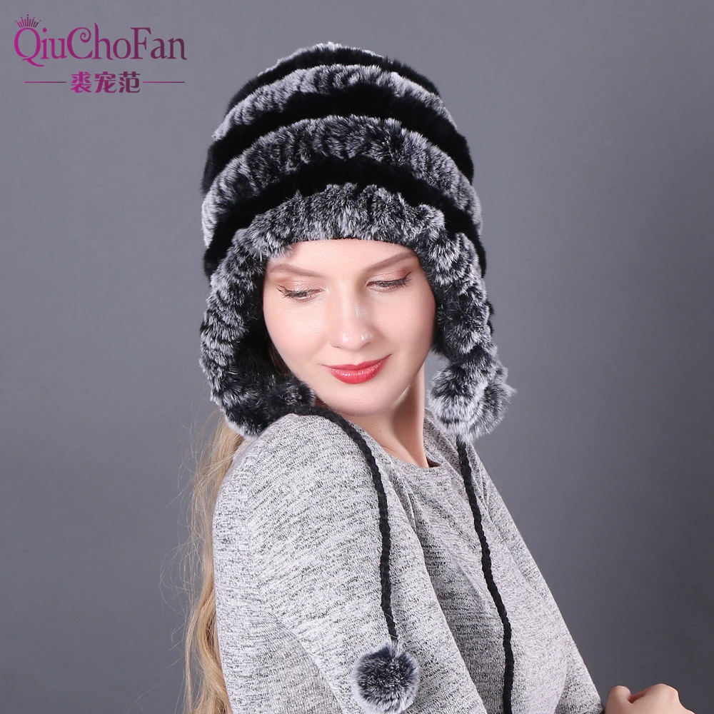 

2019 Handmade Knitted Rex Rabbit Fur Beanies Hats Winter Warm Women Real Rex Rabbit Fur Hat 100% Real Natural Rex Rabbit Fur Cap