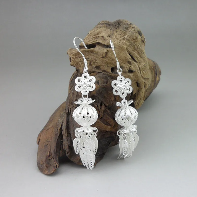 

Women's Earings Ethnic Lantern Vintage Earing 999 Sterling Silver Handmade Jewelry Drop Long Earrings For Women Gift New Year