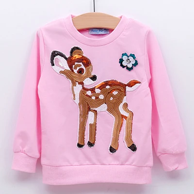 Новинка года; Модная одежда для маленьких девочек; Дизайнерская футболка с длинными рукавами и блестками; Повседневная Милая одежда - Цвет: Розовый