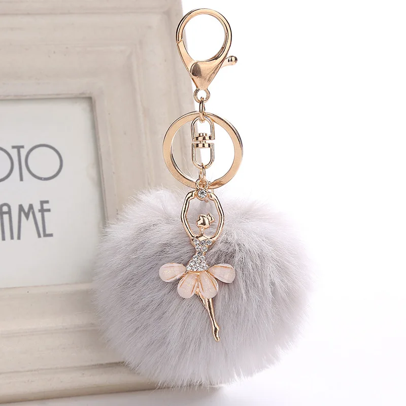 

1Pc Lovely Crystal Ballet Girl Pompom Keychains Golden Dancing Angel Fluffy Puff Ball Pendants Key Chain Fashion Women Jewelry